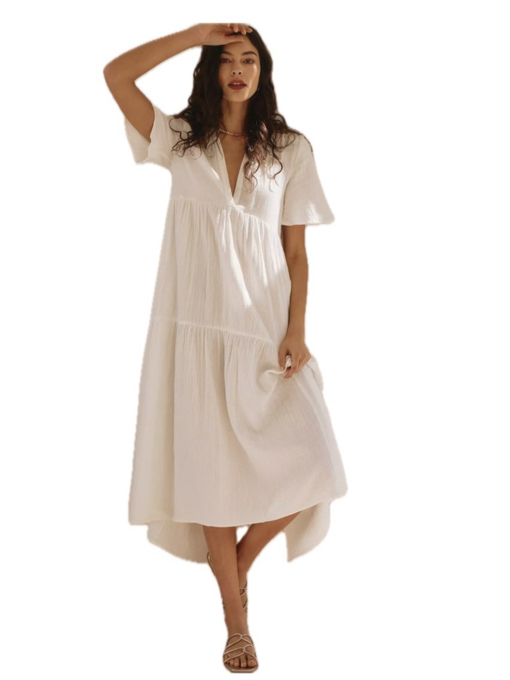 Cotton White Gauze Button-Front V-Neck Flowy Relaxed Fit Midi Dress